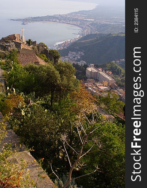 View on the taormina bay in sicily from the top of this village. View on the taormina bay in sicily from the top of this village