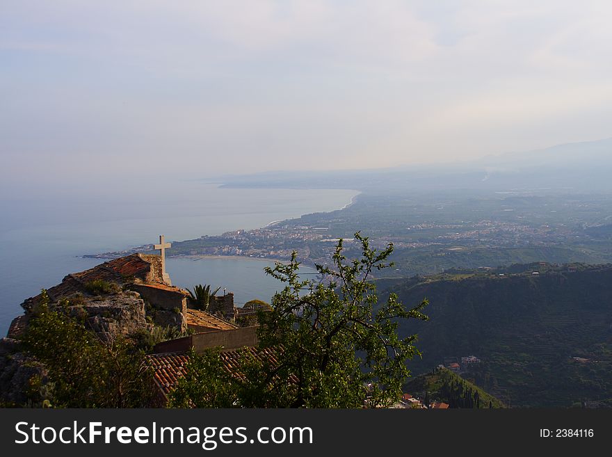 View on the taormina bay in sicily from the top of this village. View on the taormina bay in sicily from the top of this village