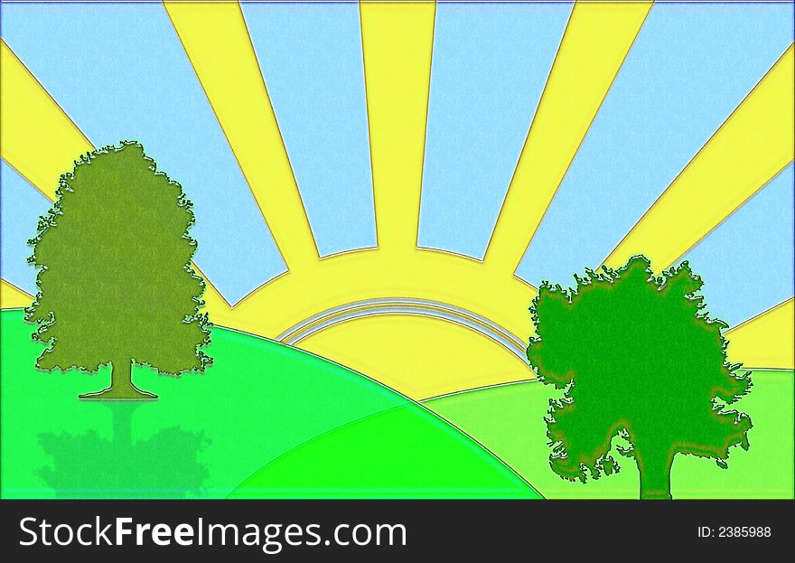 Illsutration of landscape with trees and sun rays. Illsutration of landscape with trees and sun rays