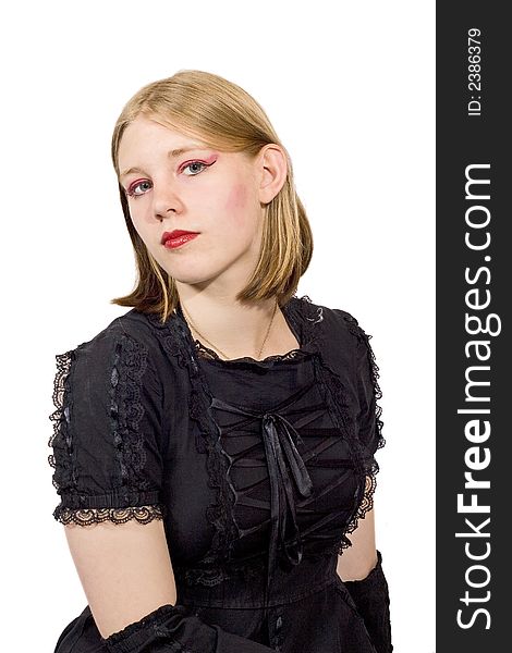 A pretty young blonde lady in a black lacy dress. A pretty young blonde lady in a black lacy dress