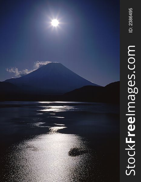 Mount Fuji with morning sun and sparkling lake. Mount Fuji with morning sun and sparkling lake