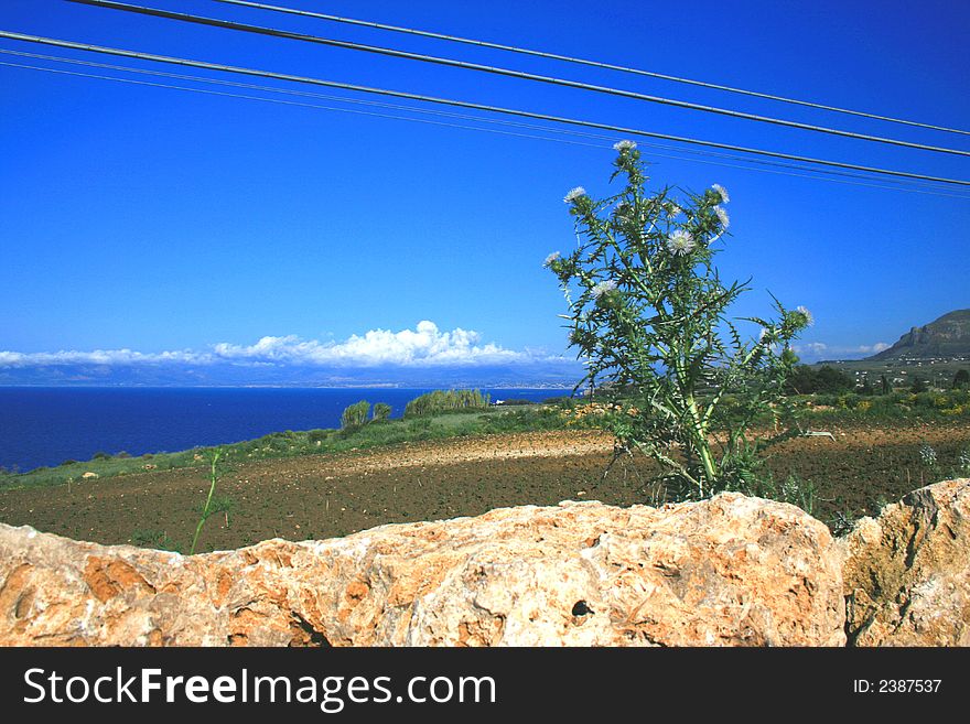 Summer background. Country. Blue Sea, Sky & Clouds. Mediterranean coast. Sicily. Summer background. Country. Blue Sea, Sky & Clouds. Mediterranean coast. Sicily