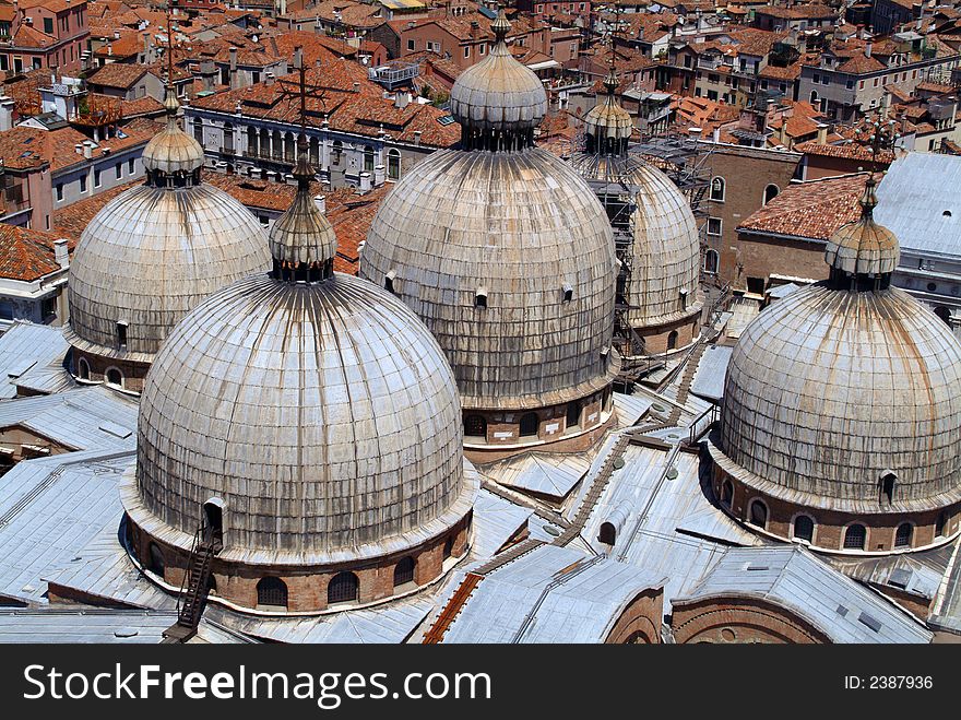 View of the domes of St Marks from the bell tower. View of the domes of St Marks from the bell tower