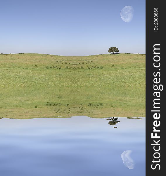 Field landscape with moon reflex on the water