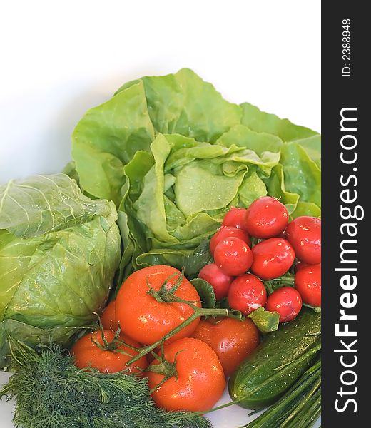 Composition of fresh vegetables - tomatos, lettuce, cucumber