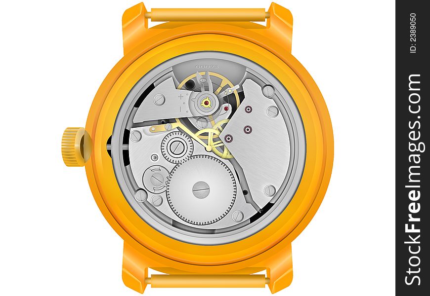 The mechanism of hours in the gold case on a white background