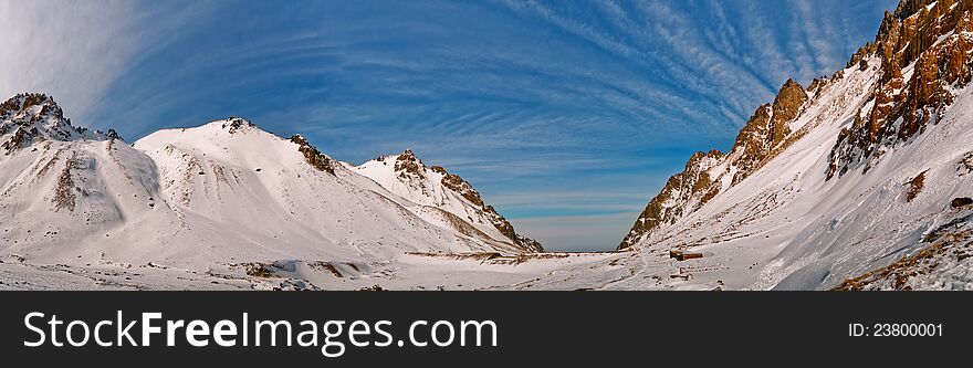 Panorama of winter mountains in Kazakhstan