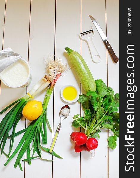 Soup ingredients on a wooden white table. Soup ingredients on a wooden white table