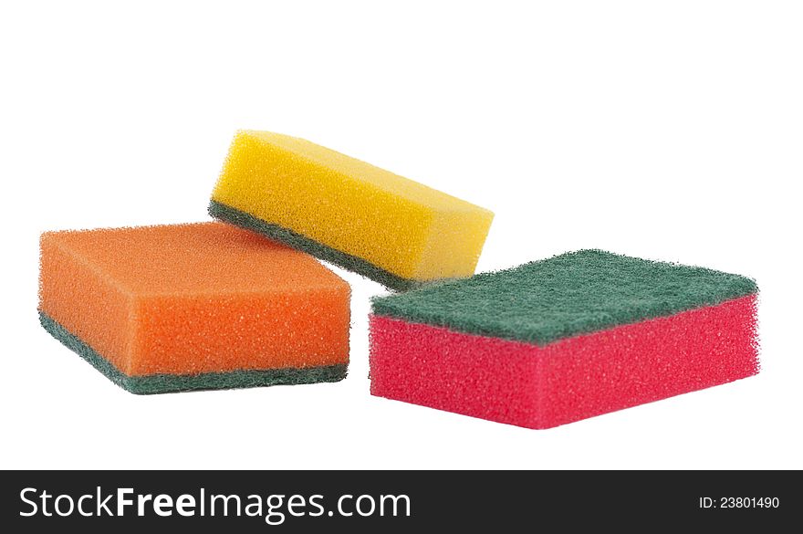 Group of kitchen colorful sponges isolated on white background