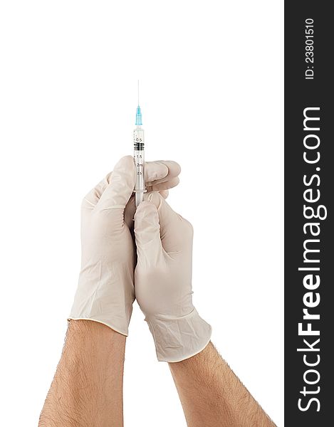 Doctor hands with gloves holding medical syringe isolated on white background