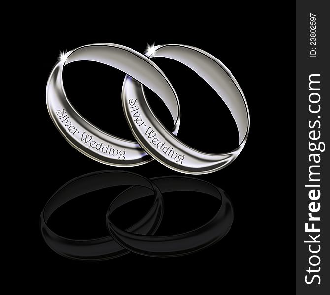 Two Silver wedding rings linked together with the words Silver Wedding around them. On a black background with reflection.
