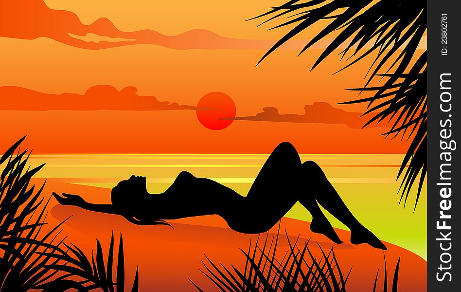 Vector illustration of a girl lying on the beach silohuette