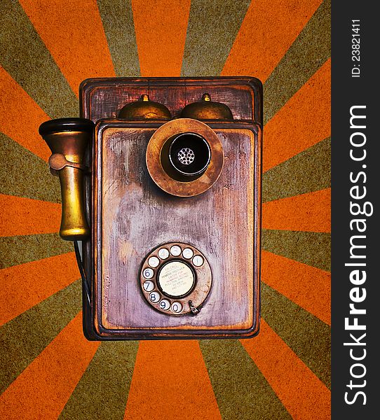 Vintage Telephone on grunge paper with abstract sun rays
