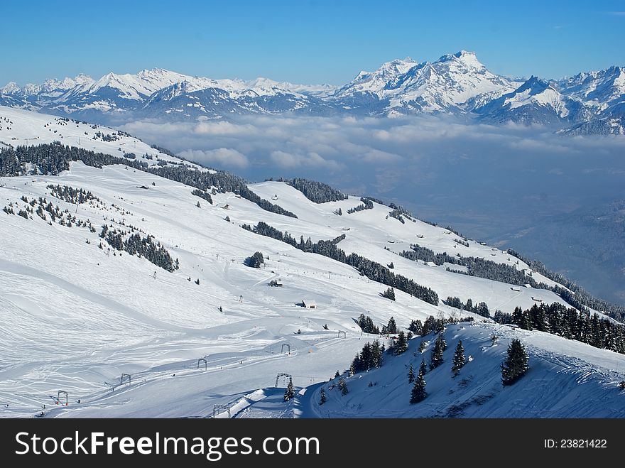 Ski slope in the swiss alps (Crosets, Portes du Soleil)