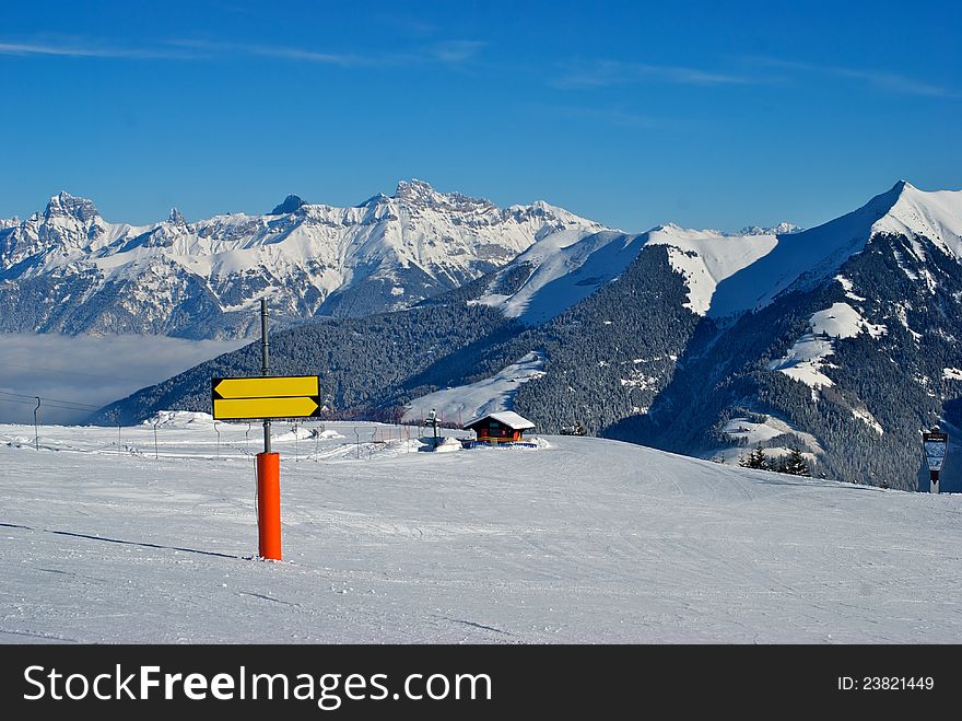 Sign on the ski slopes of Portes du Soleil. Sign on the ski slopes of Portes du Soleil
