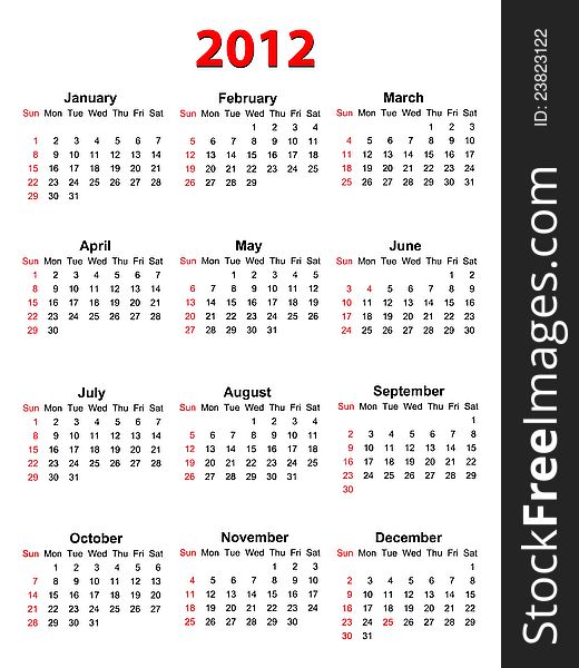 Calendar for 2012 on white background, vector format. Calendar for 2012 on white background, vector format