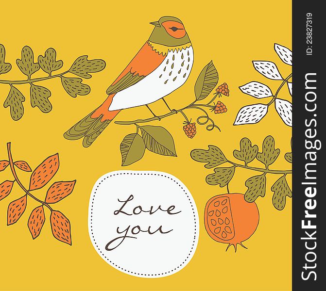 Retro romantic card of a pretty garden bird perched on berries and a hand written inset saying Love You