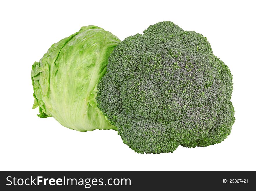 Green cabbage broccoli on white