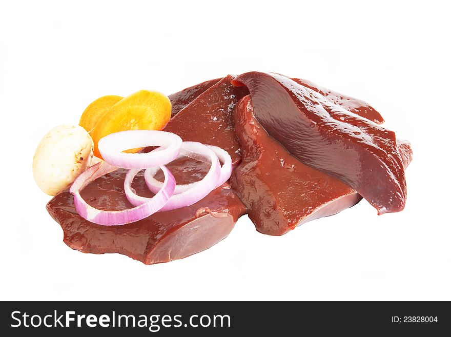 Fresh and raw liver on white background
