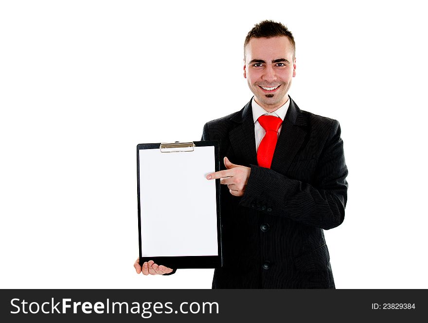 Portait of businessman holding blank board with room for message