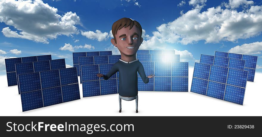 Man and behind him solar panels. Man and behind him solar panels