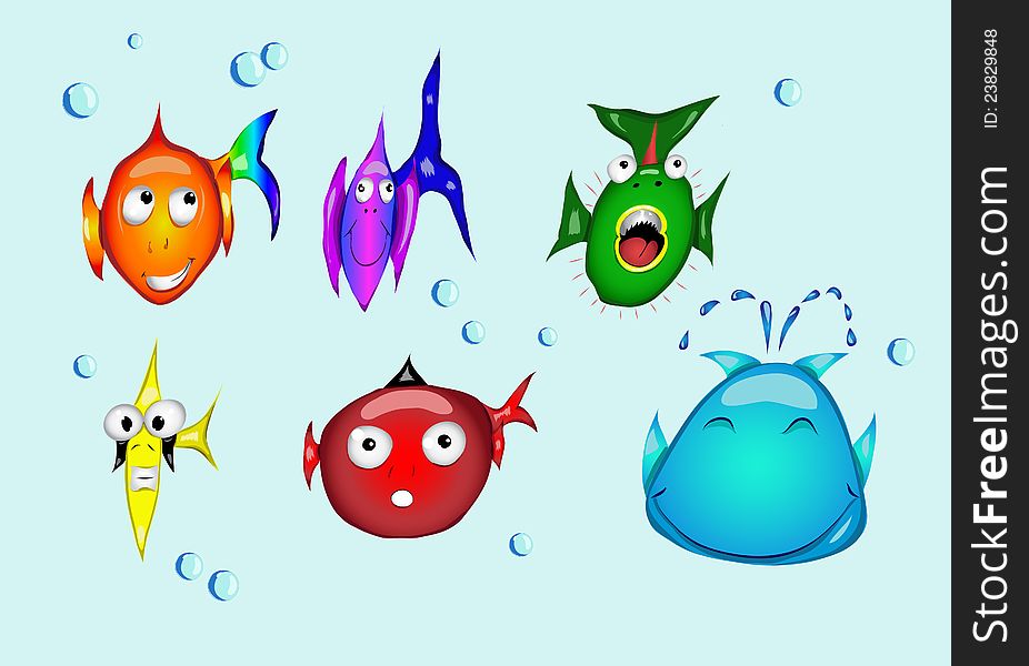 Vector fish and whale smiles set