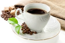Hot Coffee, Coffee Beans  And Brown Sugar . Stock Photography
