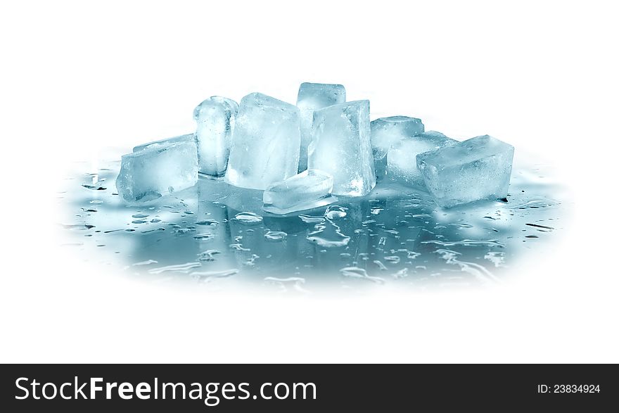 Few ice cubes on glass surface with reflection. Clipping path is included