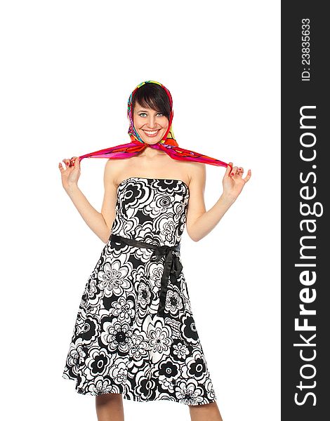 Woman presents motley dress and red shoal