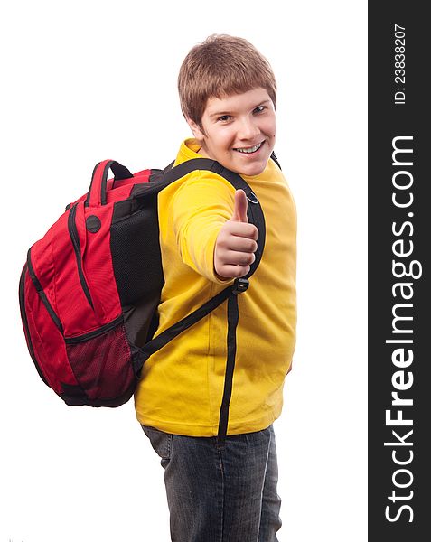 Handsome chubby teenage boy with school bag on his back showing thumbs up isolated on white. Handsome chubby teenage boy with school bag on his back showing thumbs up isolated on white.