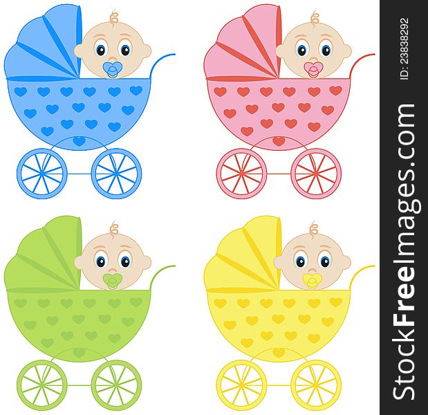 Collection of baby carriages in different colors vector illustration