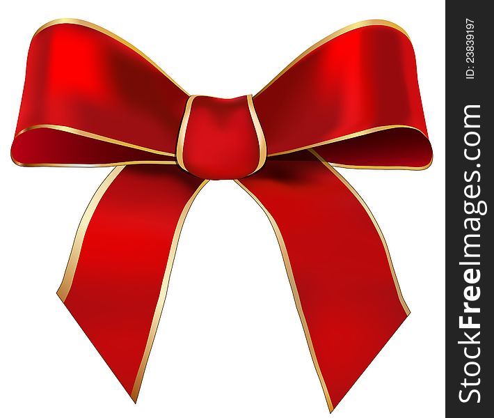 Bow of red ribbon decorated by a golden hem and easily separate from a background