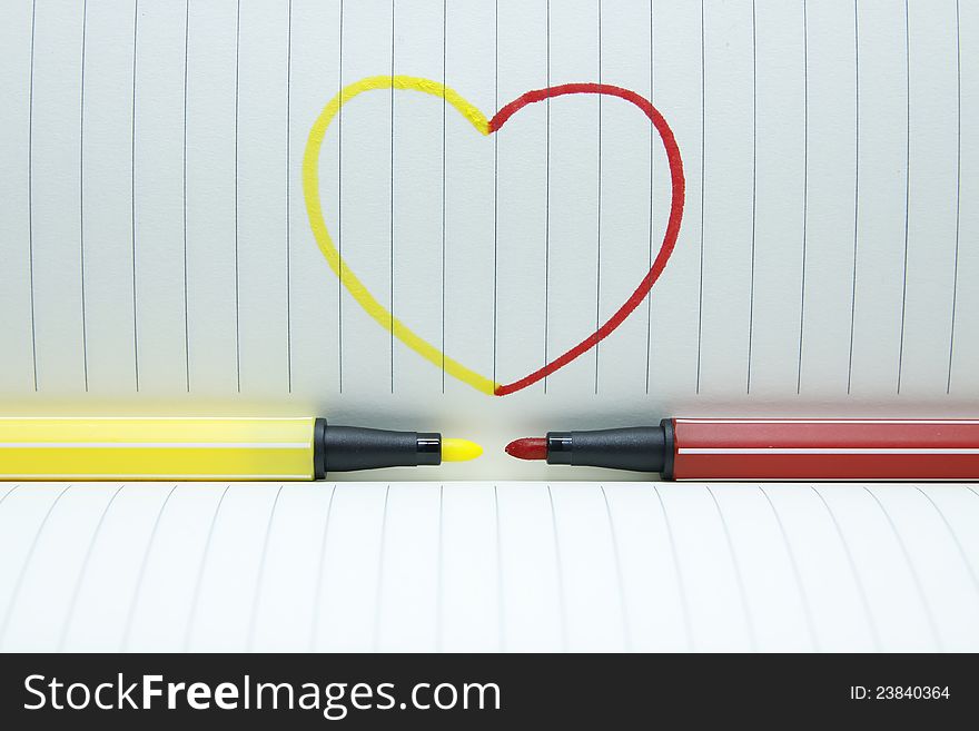Color pen red and yellow Drawn Heart shape. Color pen red and yellow Drawn Heart shape