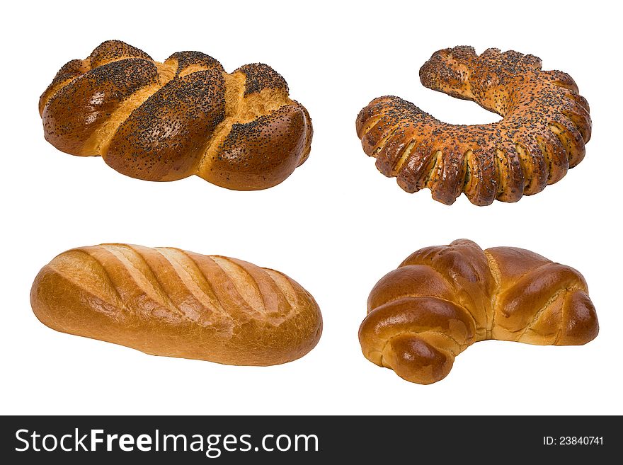 Collage of four loaves isolated on white background, studio lights. Collage of four loaves isolated on white background, studio lights