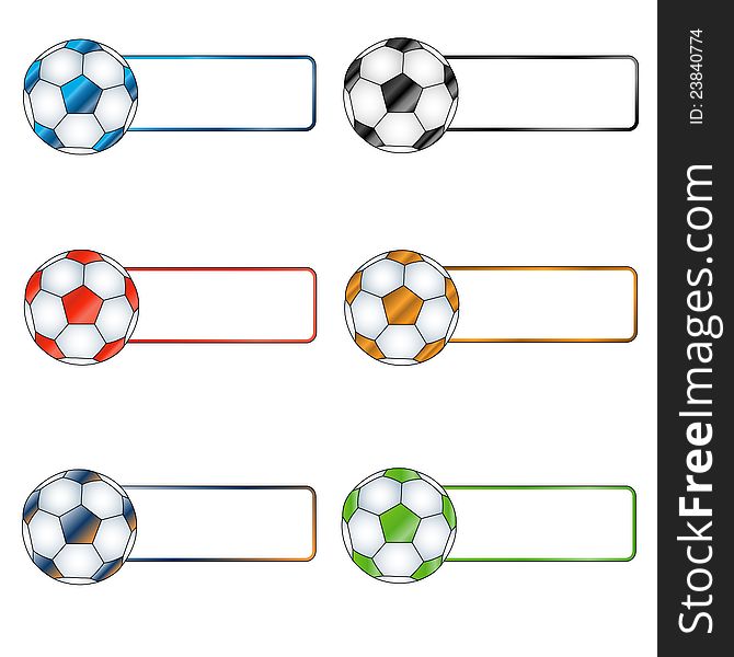 Six multi-colored balls with white labels for the text