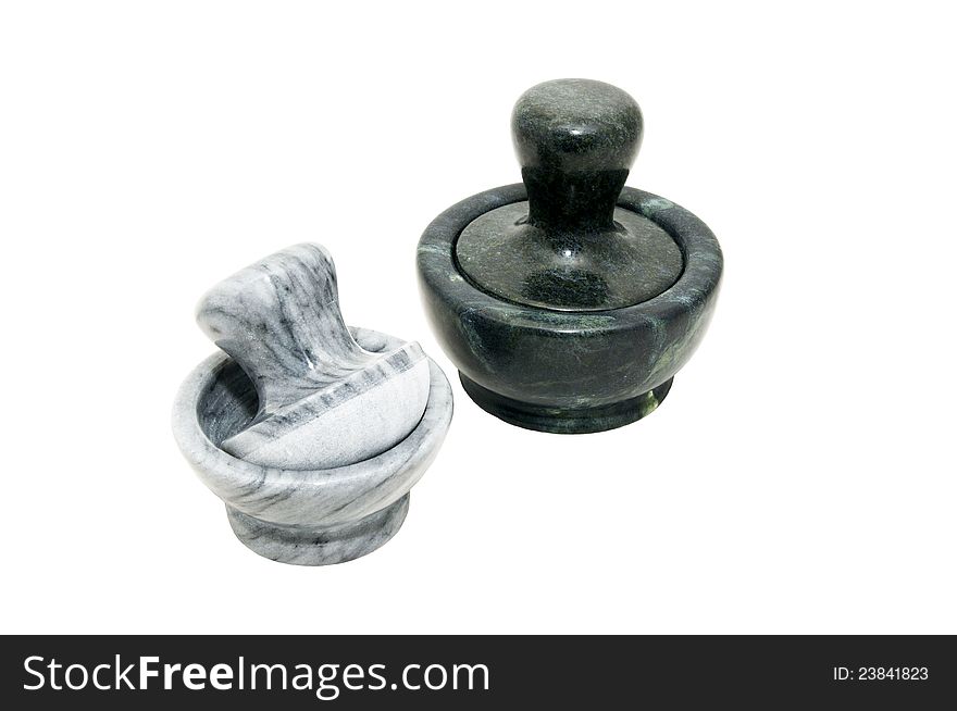 Two stone mortar for grinding on a white background. Two stone mortar for grinding on a white background