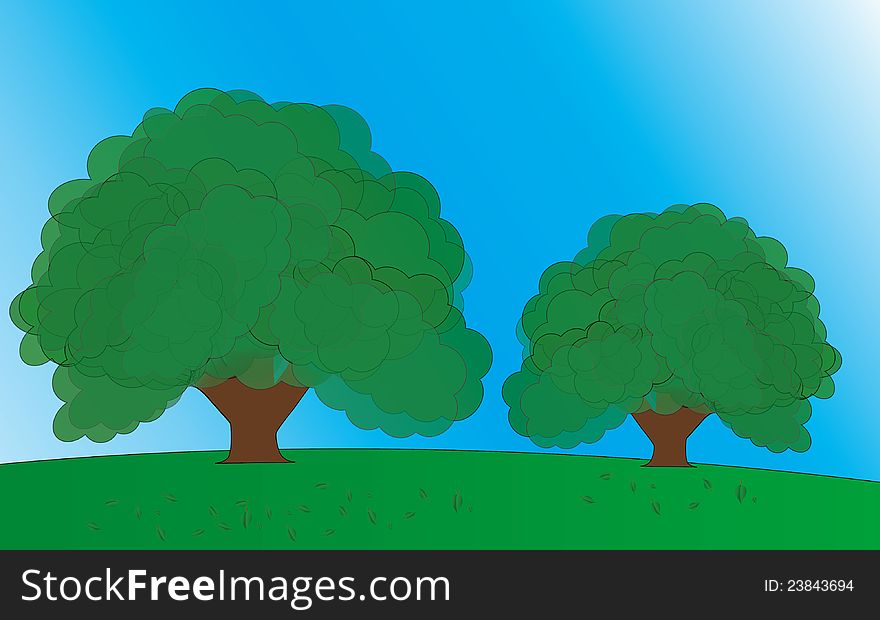 Illustration of two spring or summer trees . Illustration of two spring or summer trees .