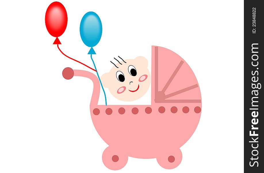 Pink baby buggy with a baby and some colored ballons. Funny graphic for many occasions. Pink baby buggy with a baby and some colored ballons. Funny graphic for many occasions.