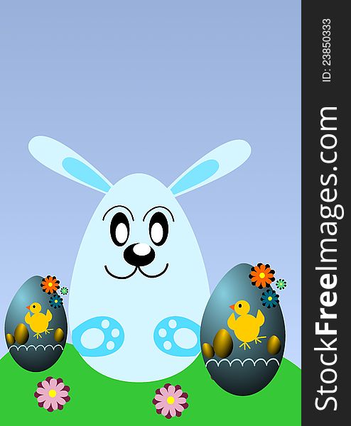 Template Easter greeting card, illustration with bunny and eggs.