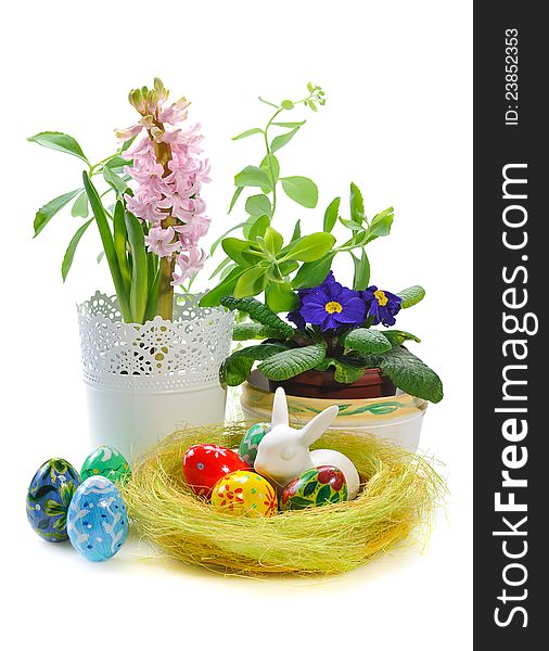 Ornate easter eggs with flowers on white background