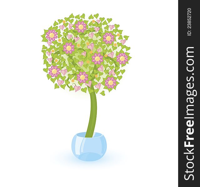 Vector illustration of a tree with pink flowers growing in crystal bowl