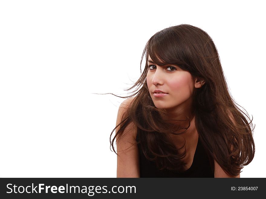 Beautiful girl in night dress looks at camera .Isolated with clipping path.