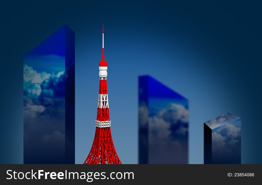 Tokyo tower and skyscrapers against the dark blue sky. Tokyo view.