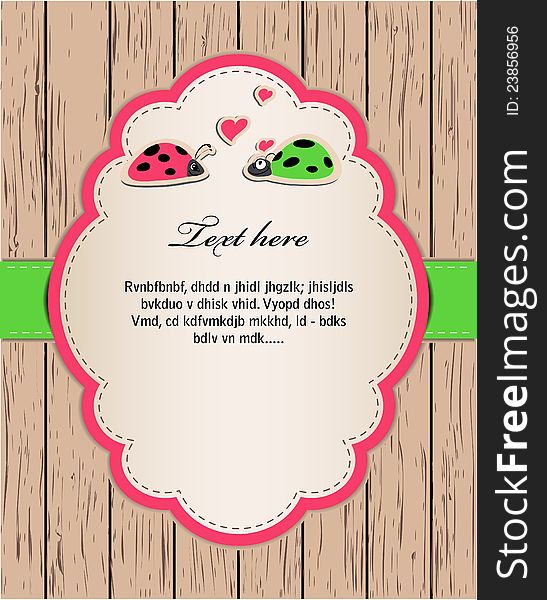 Wooden card with ladybirds in love. vector eps 8