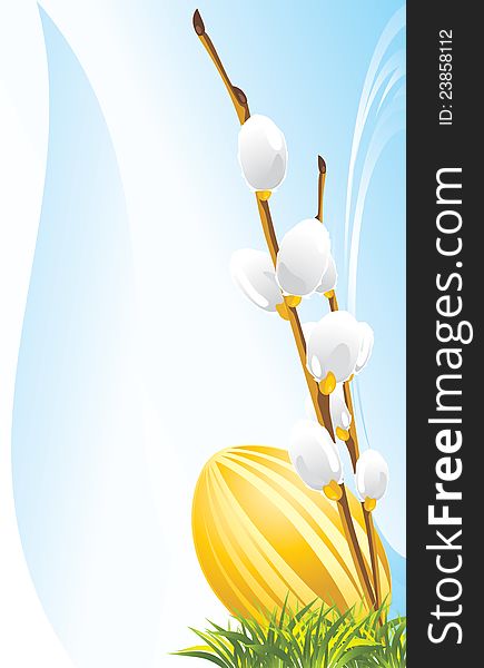 Pussy willow branch and Easter egg on the abstract background. Illustration