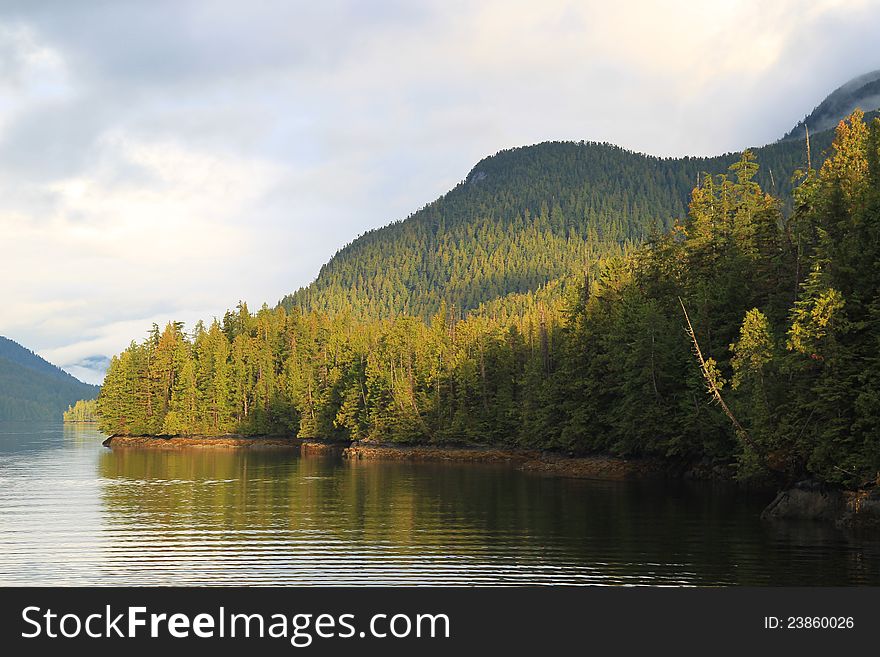 Sunlit shoreline of the Inside Passage, Jackson Narrows, Alaska. Sunlit shoreline of the Inside Passage, Jackson Narrows, Alaska