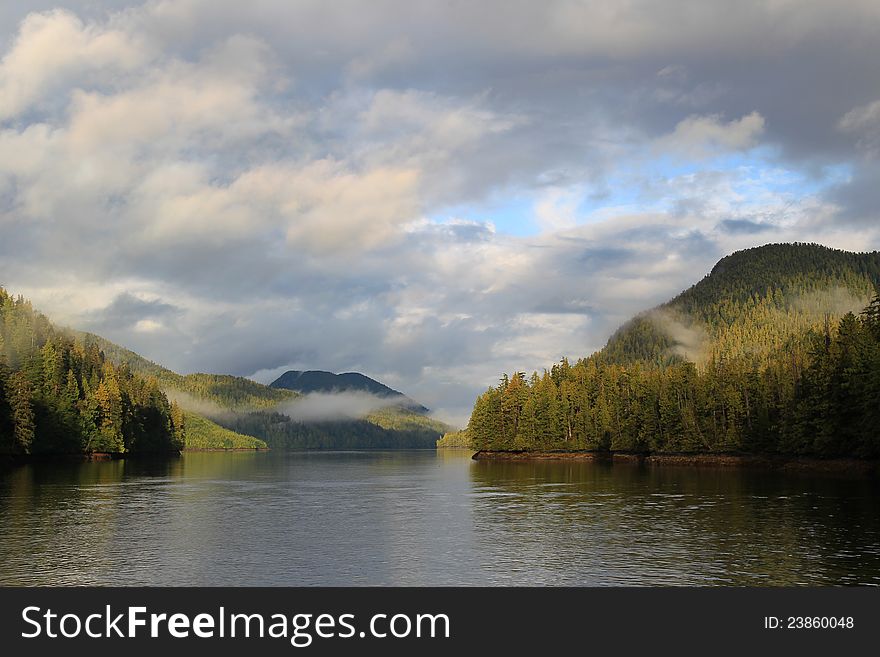 Low clouds and fog in Jackson Narrows, Inside Passage, Alaska