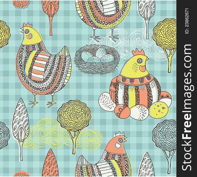 Decorative country Easter card or seamless tile with chickens and eggs on a checked background