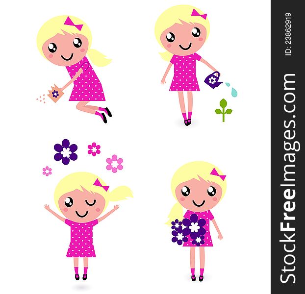 Little gardener Girl. Vector illustration in retro style. Little gardener Girl. Vector illustration in retro style