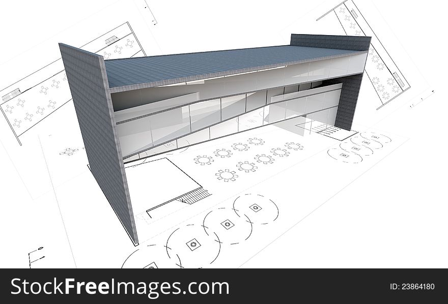 3d illustration of modern building construction concept with plan isolated on white.